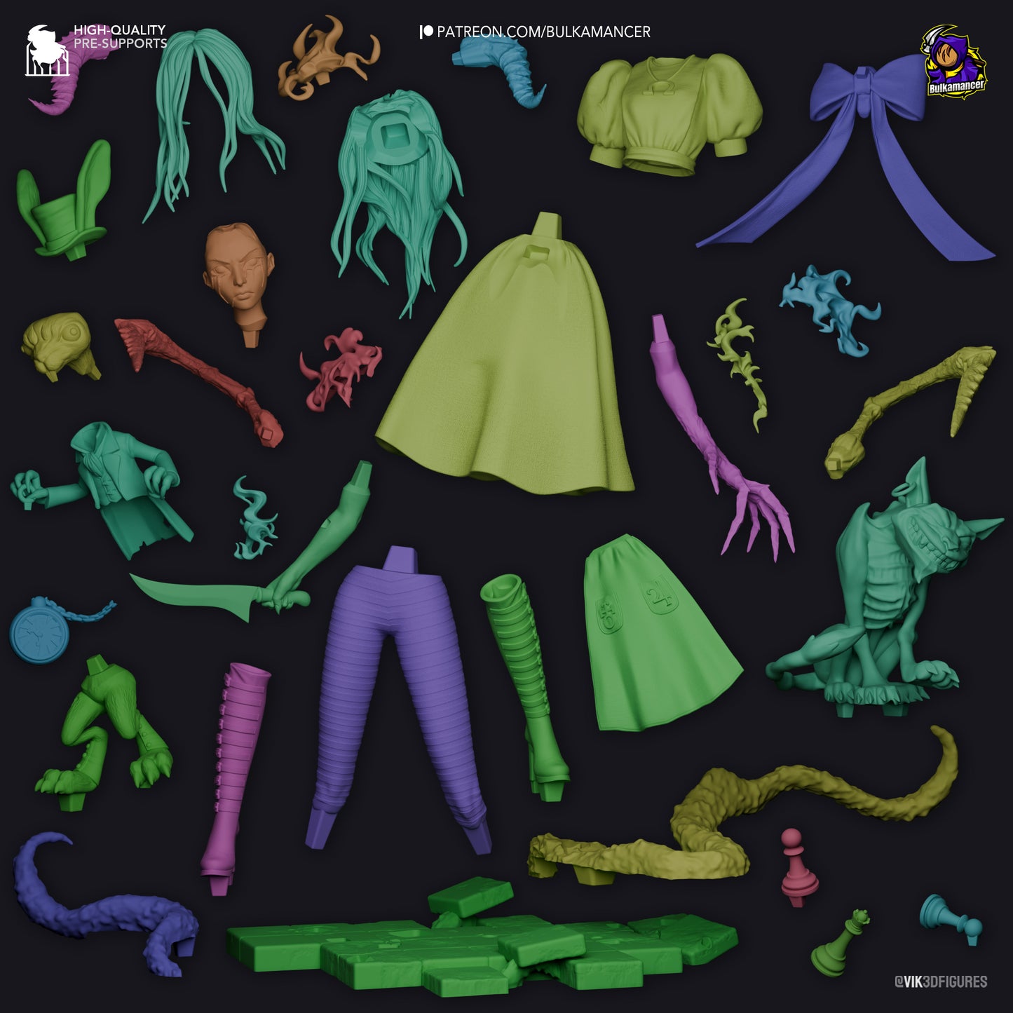 A breakdown of the assembled Alice figurine, showing detailed components such as weapons, accessories, and base elements.