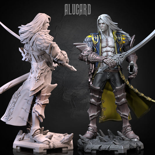 Side-by-side view of Alucard miniature, one painted and one grayscale, showing his vampire armor, dual-wield stance, and long flowing hair on a rocky base.