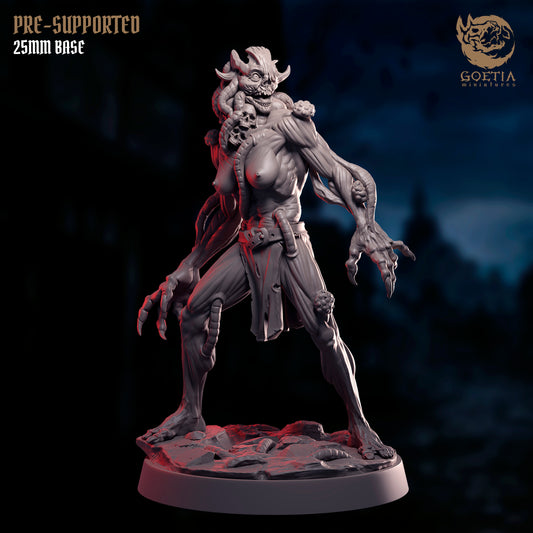 Alzir Spawn aberration miniature with twisted humanoid anatomy, horned skull-like facial structure, tentacled growths across the body, clawed hands, predatory standing pose on a round base, dark fantasy Dungeons and Dragons monster miniature