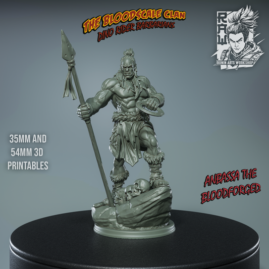 Unpainted solo figure of Anbassa the Bloodforged, standing with spear and shield on a rock and skull-laden base.