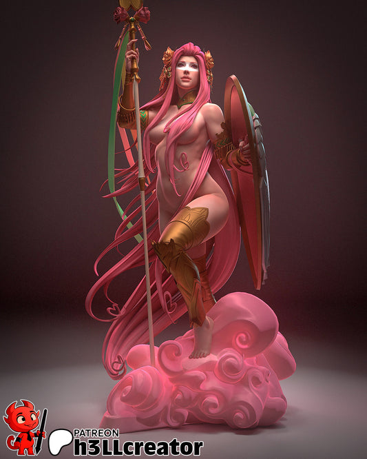 Painted Aphrodite figurine in full display with golden armor and pink cloud base – 1:12 scale