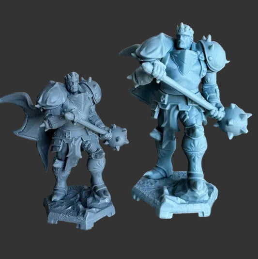 Arlon The Silver Emperor physical miniatures shown in two sizes, each depicting an armored crowned king with cape and spiked mace standing on rocky bases; suitable for tabletop RPGs and fantasy display collections.