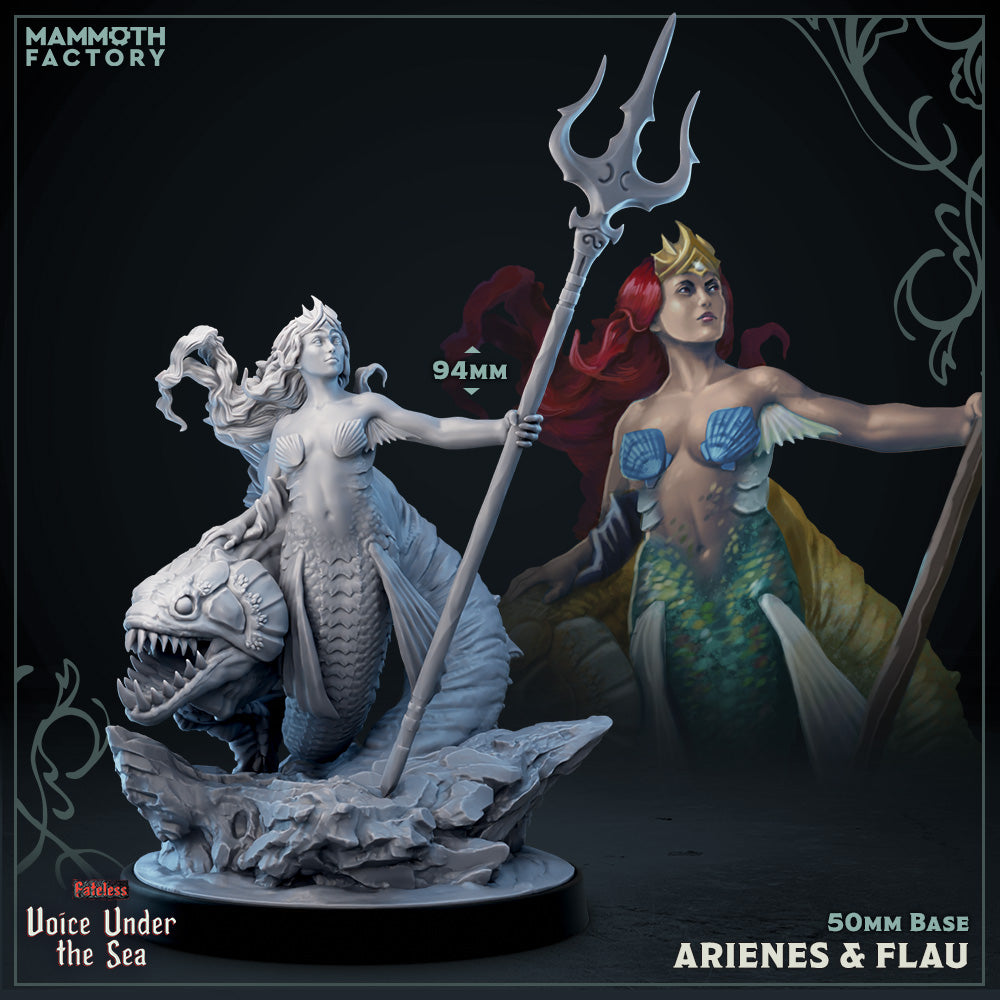 Arienes, a regal mermaid wielding a large trident, stands beside Flau, a monstrous fish-like companion. The miniature is mounted on a 50mm base with rocky reef terrain and stands 94mm tall, designed for aquatic TTRPG scenarios.