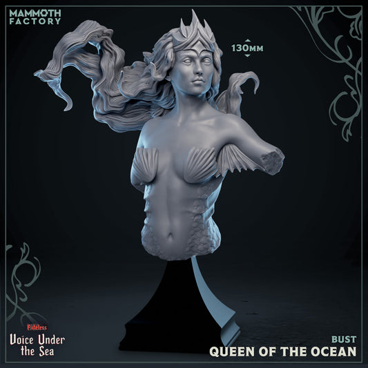 Bust of Arienes, Queen of the Ocean, standing 130mm tall with flowing hair, scaled torso, seashell crown, and elegant aquatic features, mounted on a display pedestal.
