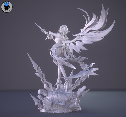 arlecchino grey render front pose with wings and scythe on rocky base – genshin impact figure