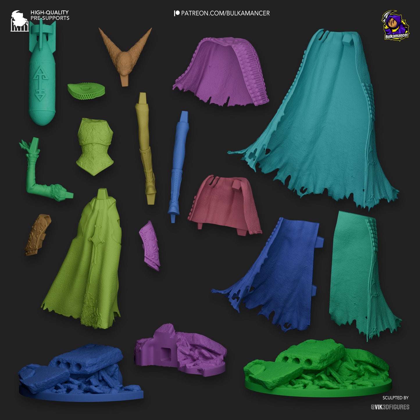 Exploded view of the Artillery Witch miniature showing all separate parts including cloak, limbs, base, and bomb piece.