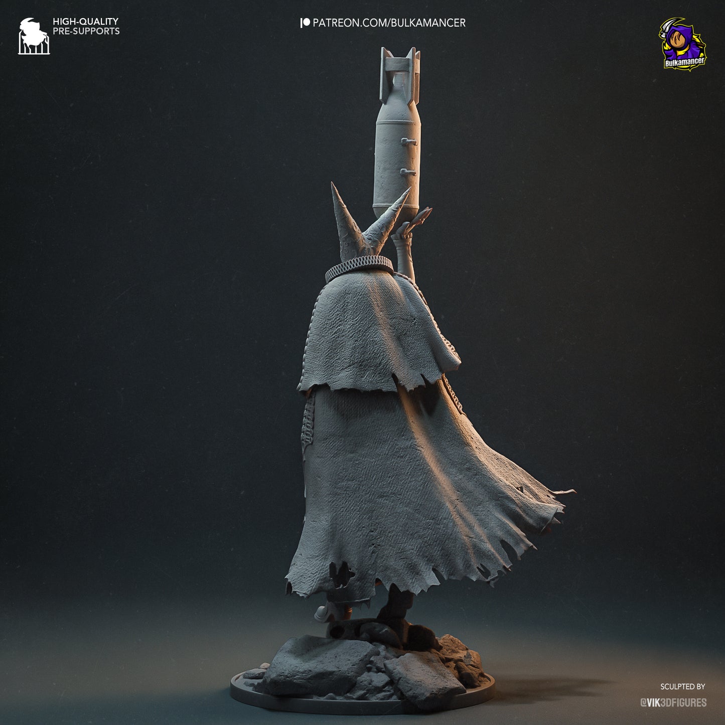 Rear angled view of the Artillery Witch model in color render, showing dimensions and multi-part sculpting with detailed clothing and bomb.