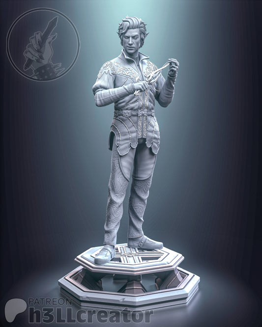 Unpainted full-body Astarion figure posed mid-motion, holding dagger with elaborate costume detailing.