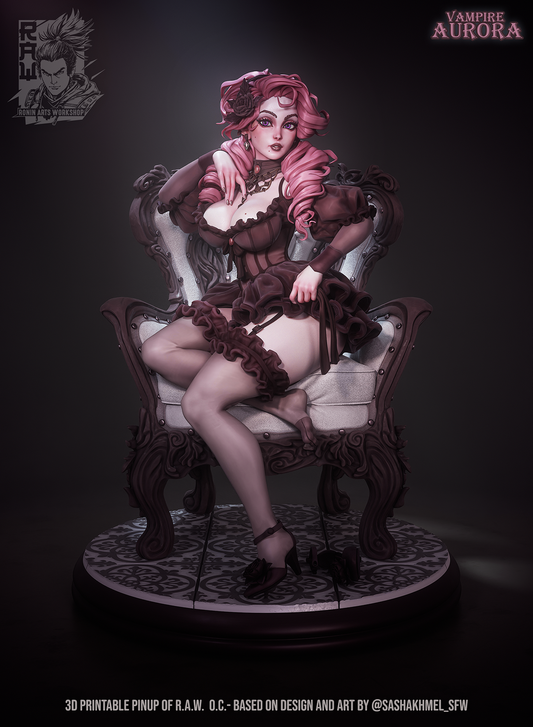 Vampire Aurora gothic vampire pinup figure seated in an ornate armchair, female vampire character wearing frilled dress, stockings, and heels, elegant seated pose fantasy collectible