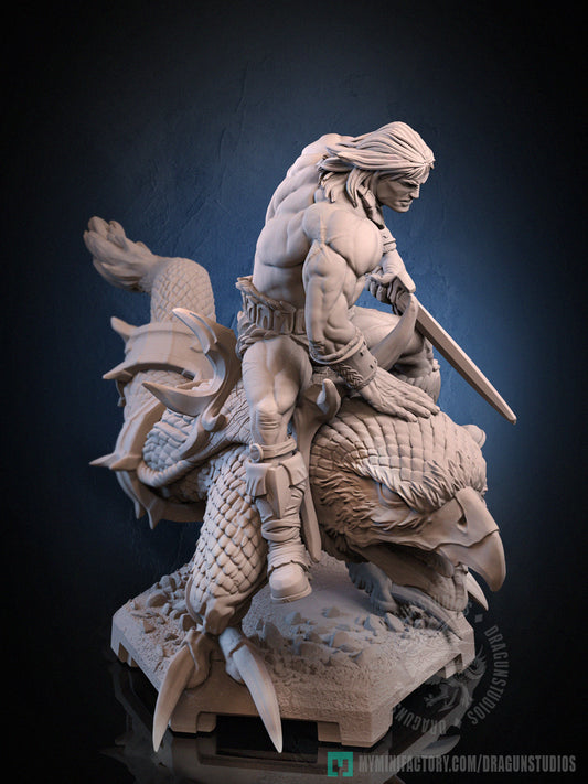 Side View Image – Mounted Ax Battler miniature side view, muscular barbarian wielding a sword while mounted on scaled reptilian beast.