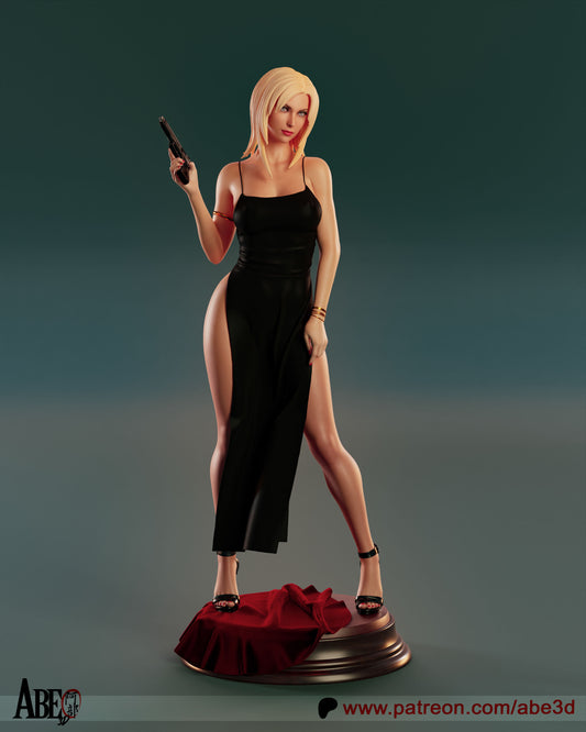 Front view of Aya Brea 1:4 scale collectible figure from Parasite Eve, holding a pistol while wearing a high-slit black gown and heels, posed confidently on a circular base with red fabric.