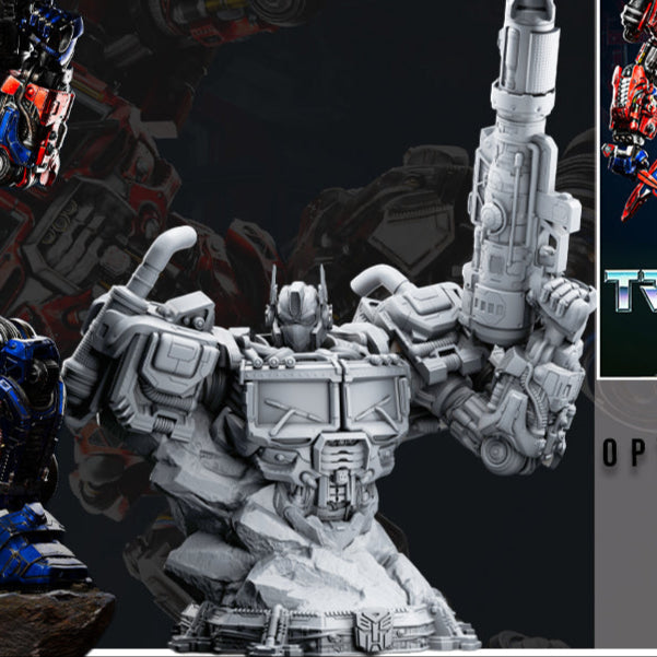 Optimus Prime bust in monochrome, showcasing mechanical detailing and raised blaster.