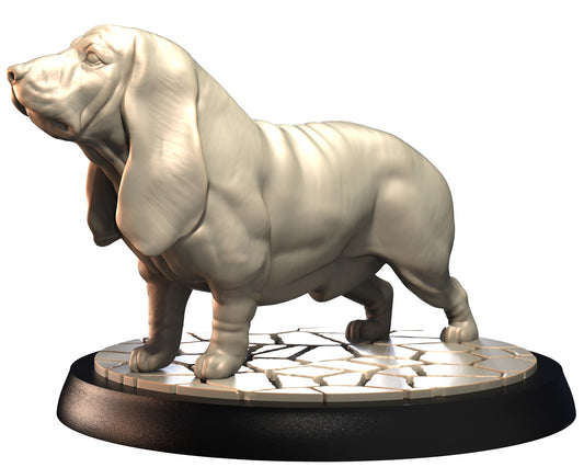 Basset Hound miniature with long droopy ears and short legs, standing with a relaxed stance on a cracked stone base.