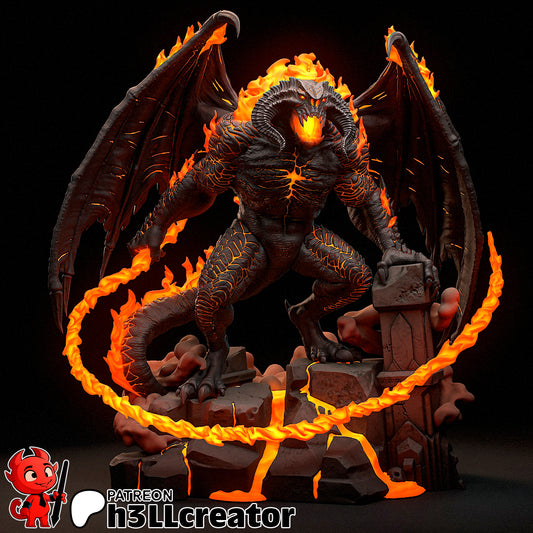 Balrog collectible figure depicted with wings fully spread, flaming whip encircling the ground, and molten base details evoking an erupting battlefield.