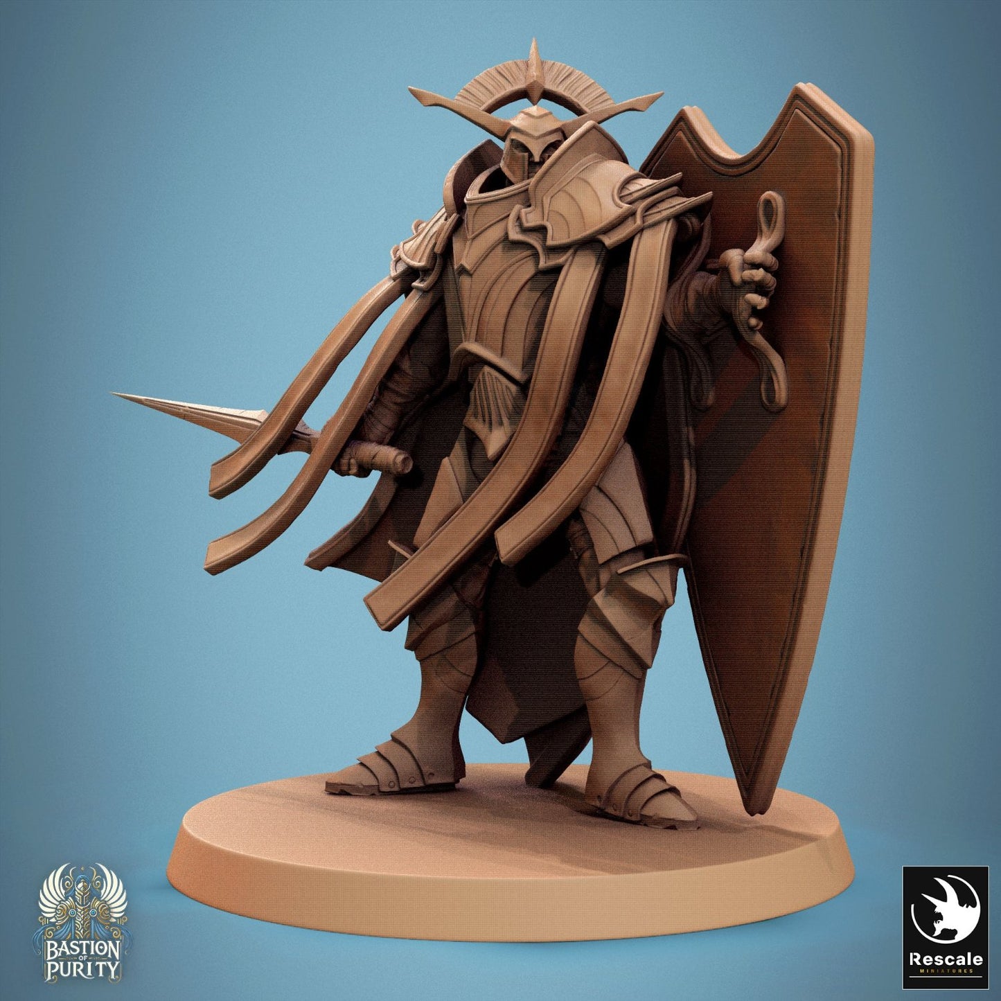Sentinel of Aetherium holding a sword and shield, dressed in heavy armor and ready to protect the kingdom from rampaging trolls. Ideal for Dungeons & Dragons sessions when diplomacy fails.