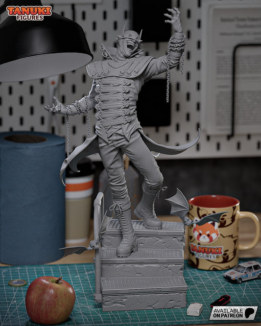 Side view showing the trench coat flow, straps, and sinister grin of Batman Who Laughs in dynamic posture.