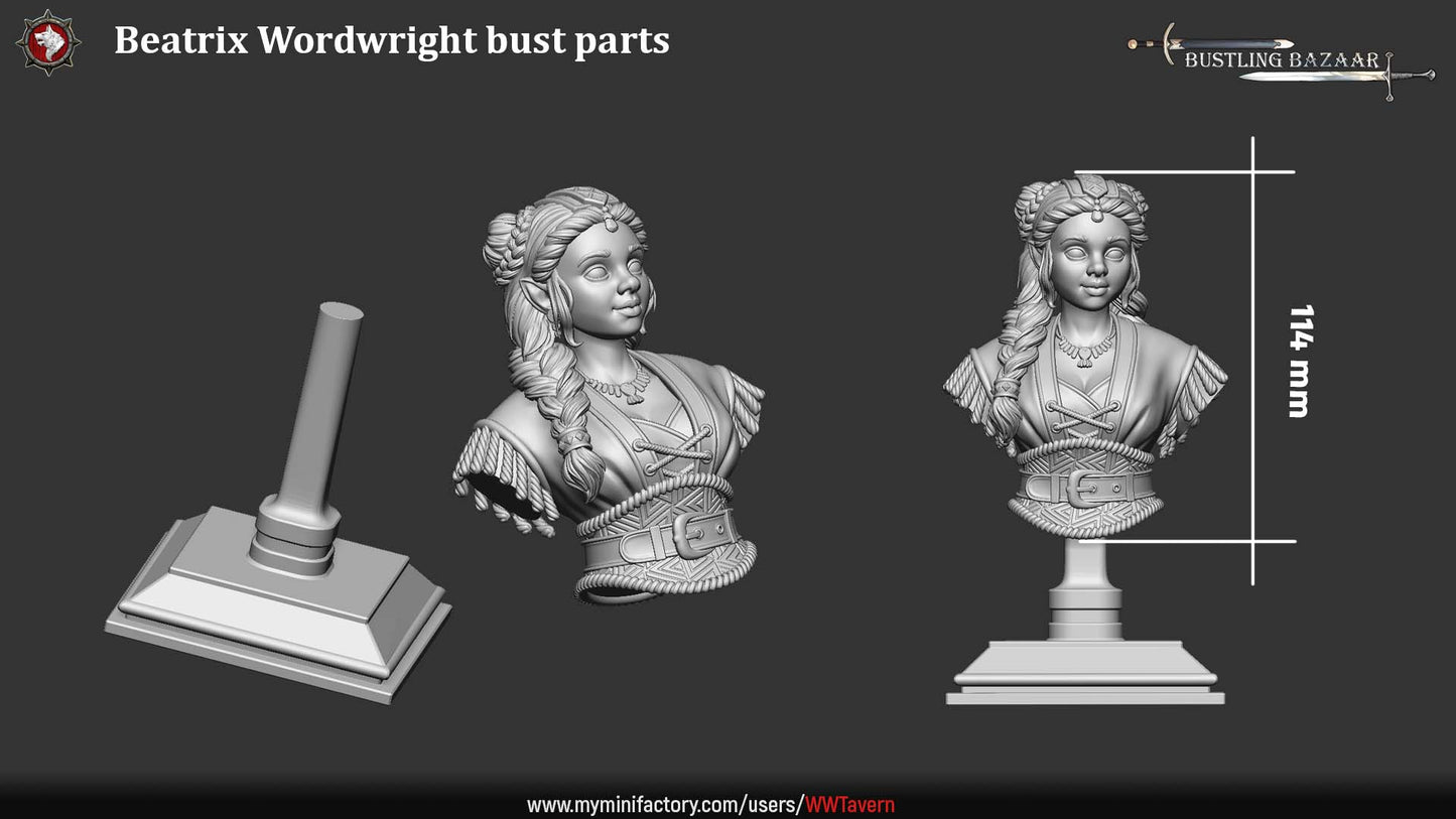 Beatrix Wordwright halfling merchant bust parts showing portrait, pedestal base, and display stand components for fantasy miniature collectors