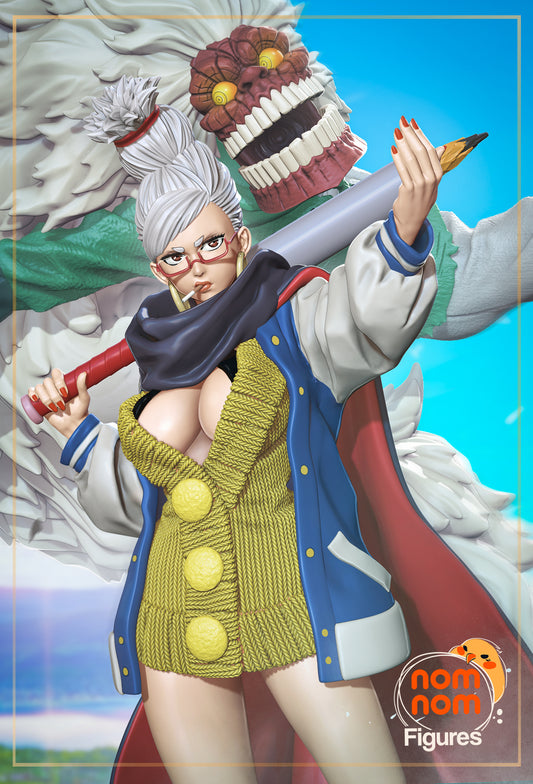 Colored digital render of Seiko Okarun, gripping a giant pencil, with Granny’s monstrous grin in the background.