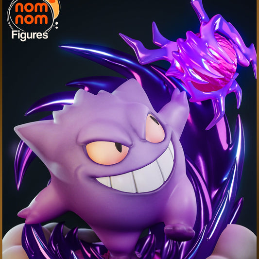 Close-up of a colored render of Chibi Gengar figure with glowing orange eyes, vibrant purple hues, and high-gloss shadow ball and energy effect.