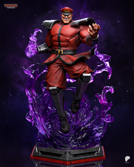 M. Bison Street Fighter figure full view painted, floating pose over psycho energy base with armored boots, detailed uniform textures, and extended hand gesture.