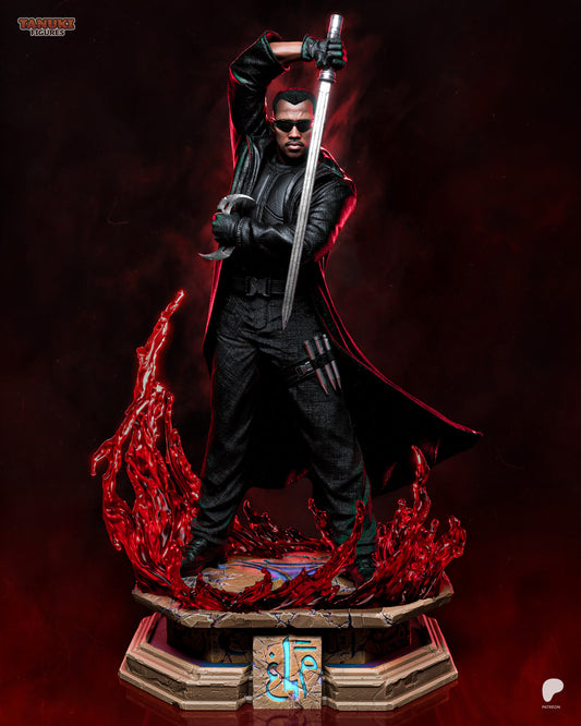 Blade 1:6 scale collectible figure from Marvel Comics, standing atop a blood-splashed base with katana drawn and stakes strapped to his leg.