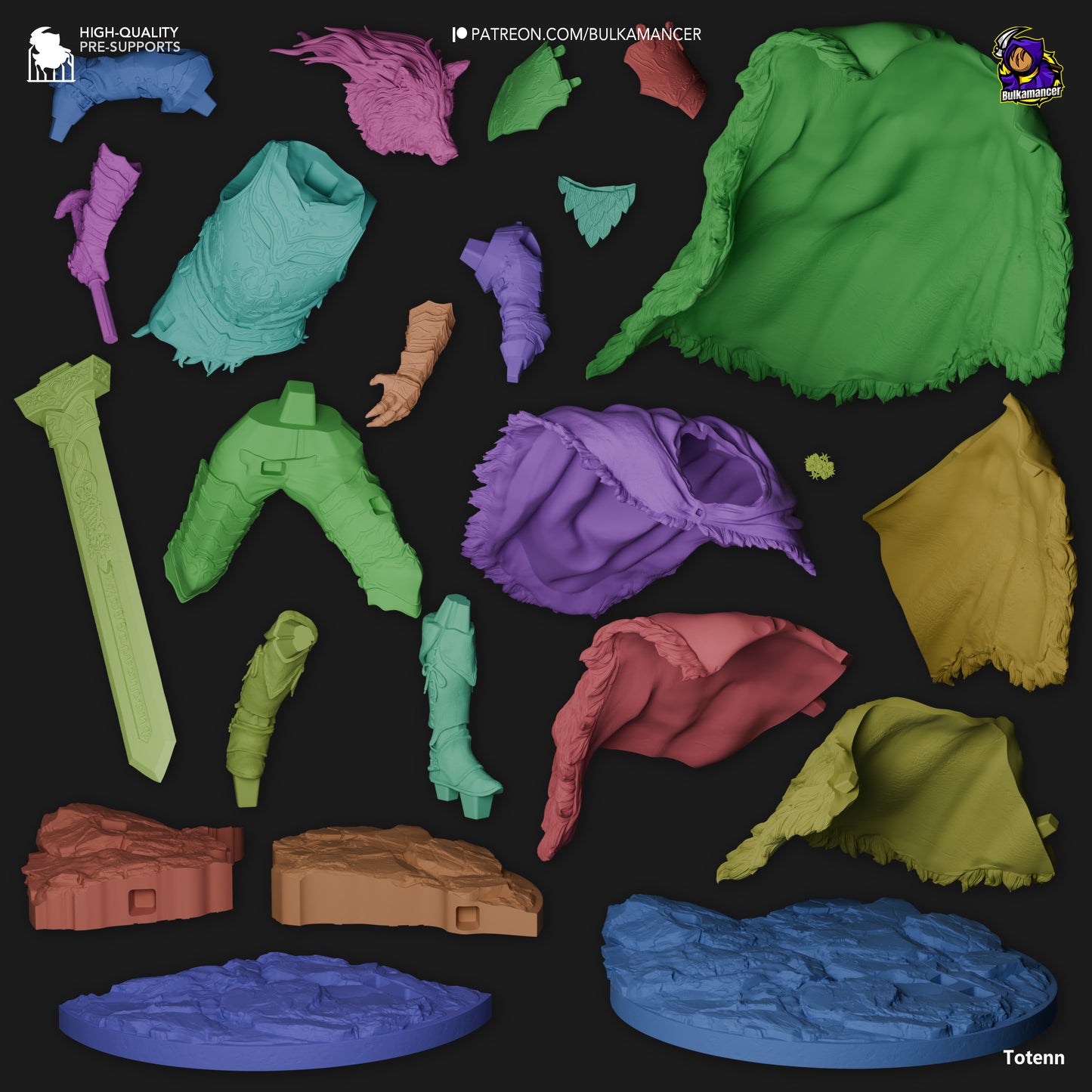 Breakdown of individual parts for the Blaidd collectible, showing detailed armor, sword, cape, and base components.
