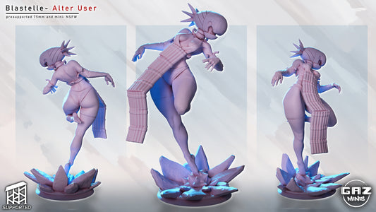 Bomb devil female miniature multiple angle views, dynamic airborne pose with segmented arm cannon and explosive crystal base, NSFW anime display model
