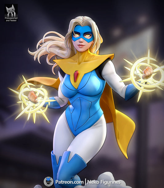 Blonde Blazar Dispatch superhero collectible mid-air flight pose with glowing energy effects on both hands, flowing cape, masked face, and cloud base