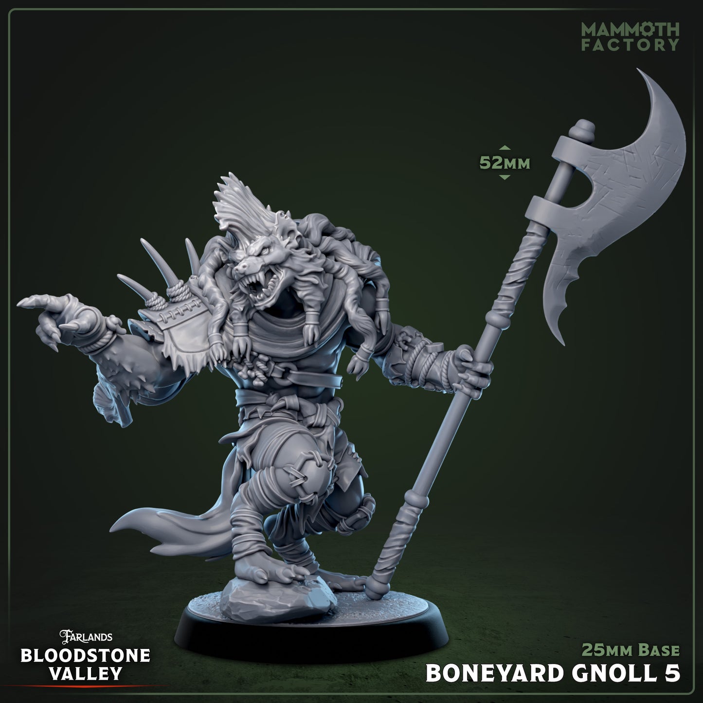 Boneyard Gnoll miniature with halberd weapon, roaring head, layered armor straps, dynamic pose, 25mm base.