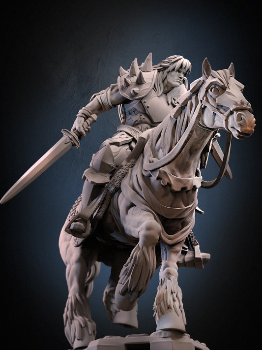 Detailed sculpt of Braford knight miniature riding armored horse with sword raised, inspired by Knights of the Round arcade game.