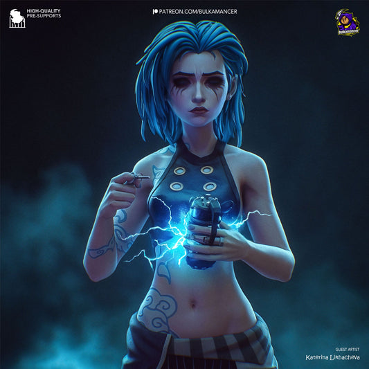 Close-up of Broken Jinx holding her signature grenade with electric sparks, showcasing her intense expression and intricate tattoos.
