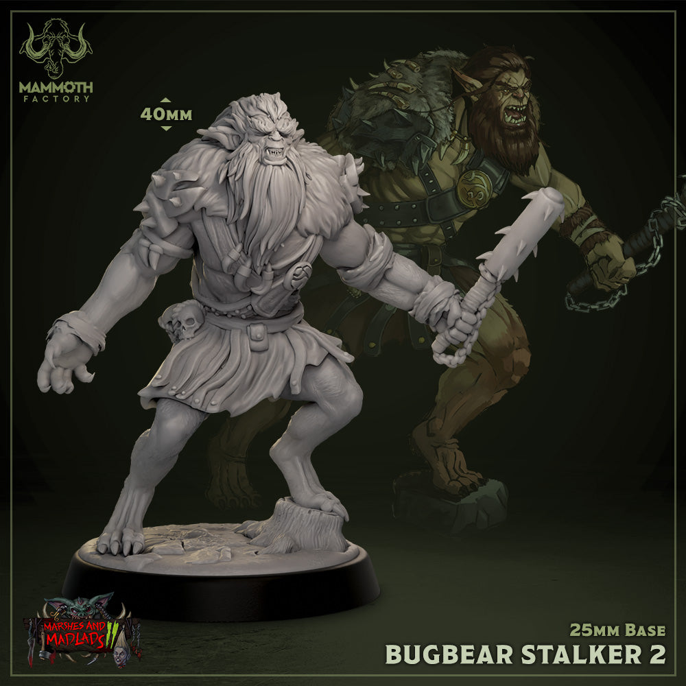 Another Bugbear miniature variant, slightly larger, with a more dynamic stance. Holding a spiked club and adorned with bone and skull accessories, ideal for use in Dungeons & Dragons, Pathfinder, or similar tabletop RPGs.