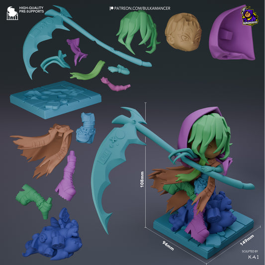 Chibi reaper figure shown in exploded view with individual parts including scythe, cloak, hair, arms, boots, pastry base, and tile base; assembled model displayed with dimensions 108mm height, 94mm width, and 149mm length.