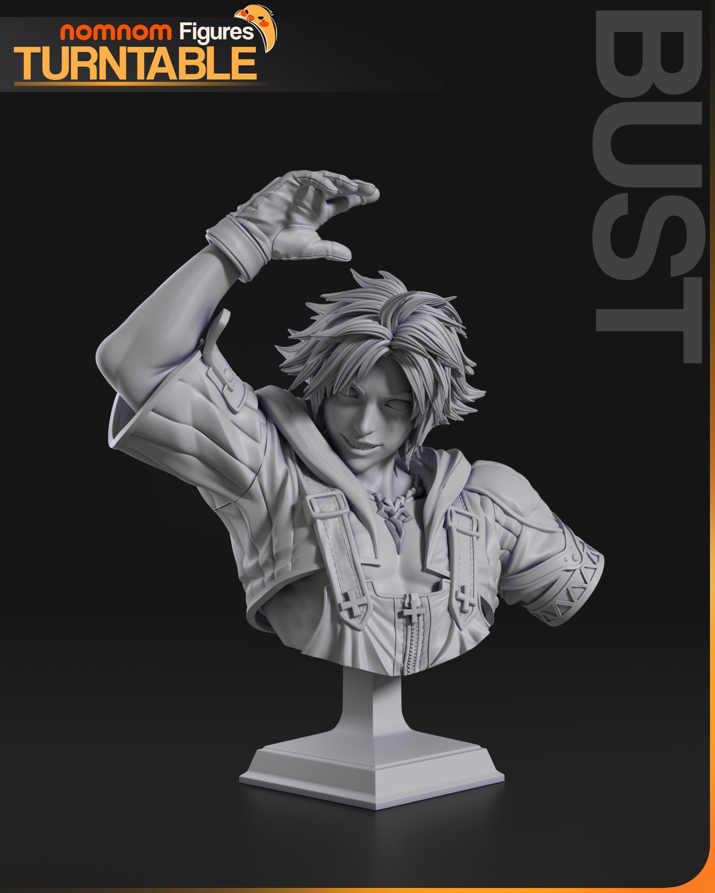 Tidus Final Fantasy X bust render showing upper body, detailed clothing, and raised arm pose.
