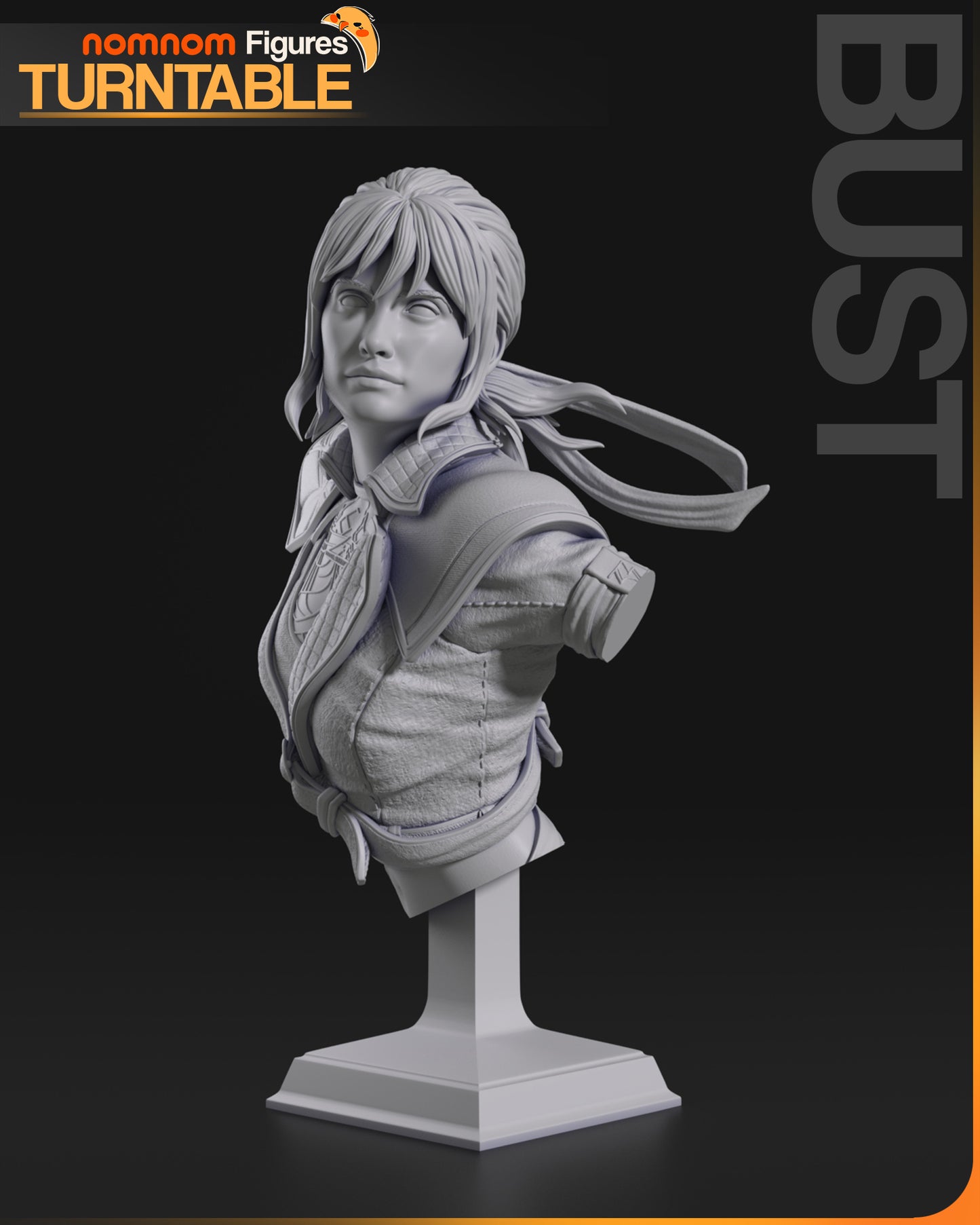 Bust version of Sciel showing detailed armor, layered clothing, and flowing hair strands.