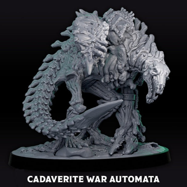 Undead construct miniature with stitched corpses and mechanical limbs, Cadaverite War Automata posed crouched with a segmented tail and snarling head for grimdark fantasy TTRPG and wargame collections.