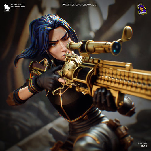 Close-up painted view – Painted Caitlyn Kiramman with blue-black hair, sharp gaze, and golden rifle, posed mid-shot.