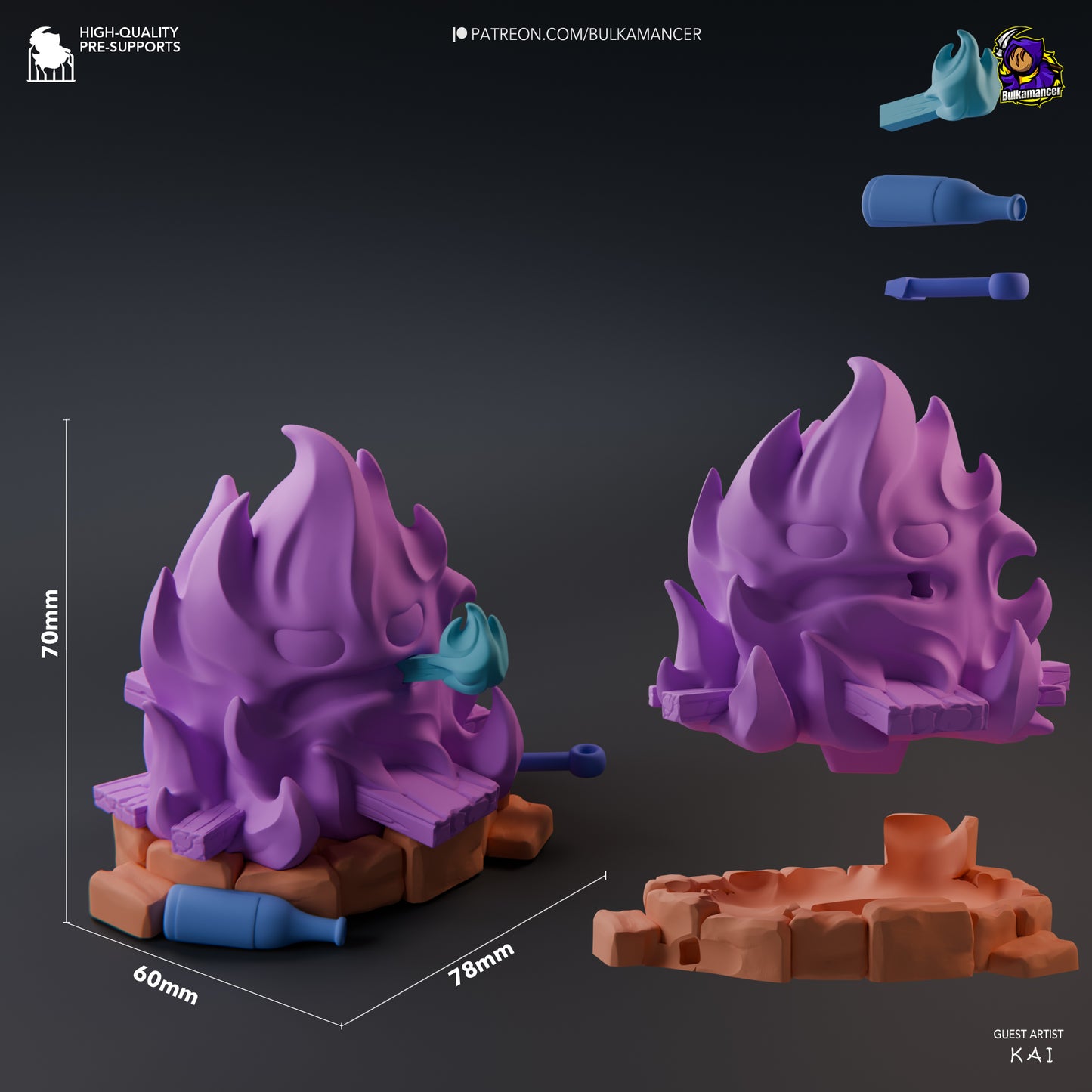 A digital render displaying the dimensions, detachable components, and alternate color version of the Chibi Calcifer figure.