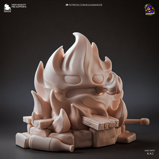 A grayscale 3D print of Chibi Calcifer, showing his sculpted flames, wooden logs, and expressive face in a neutral resin finish.
