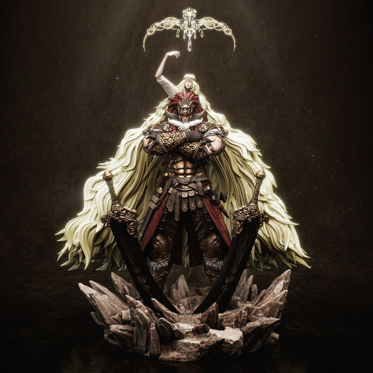 Full view of Starscourge Radahn and Miquella figure, featuring Radahn’s imposing stance, dual swords, and Miquella’s flowing hair, set on a rocky base.