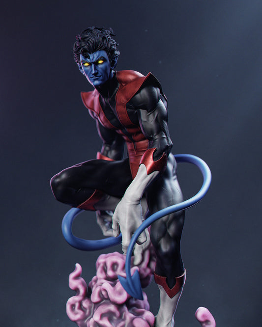 Nightcrawler crouching with yellow glowing eyes and blue tail, emerging from teleportation smoke.