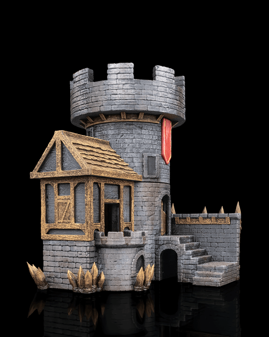 Angled front view of the Captain’s Quarters showing the tower's battlements, side stairs, fortified entrance, and detailed wood-and-stone textures.