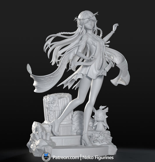 Front view of Cartethyia Wuthering Waves 1:7 scale figure with flowing hair, detailed outfit, and ruin-themed base collectible
