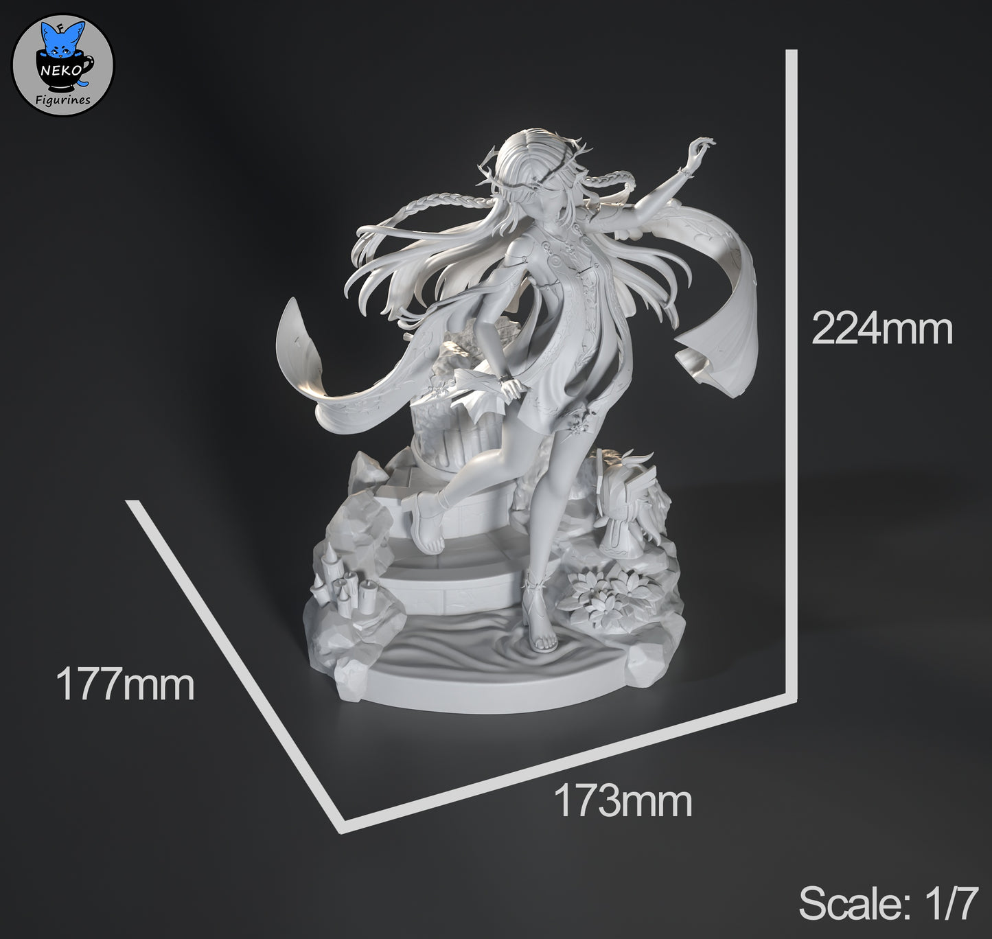 Measurement chart of Cartethyia Wuthering Waves 1:7 scale figure showing height 224mm, width 177mm, and depth 173mm collectible