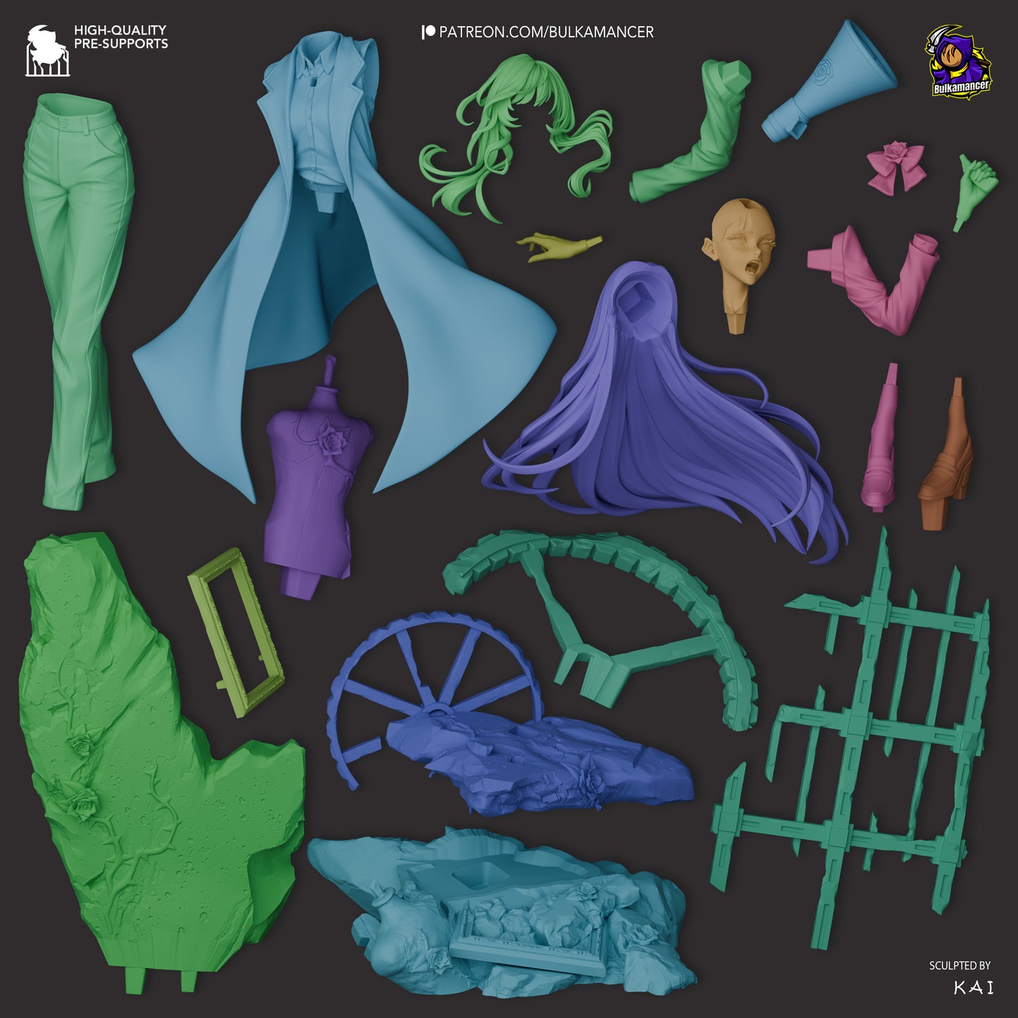 Disassembled Chando “Usseewa” Ado figure components including head, hair pieces, torso, legs, coat, megaphone, arms, shoes, roses, stone base sections, wheel frame, and decorative frame pieces for assembly reference.