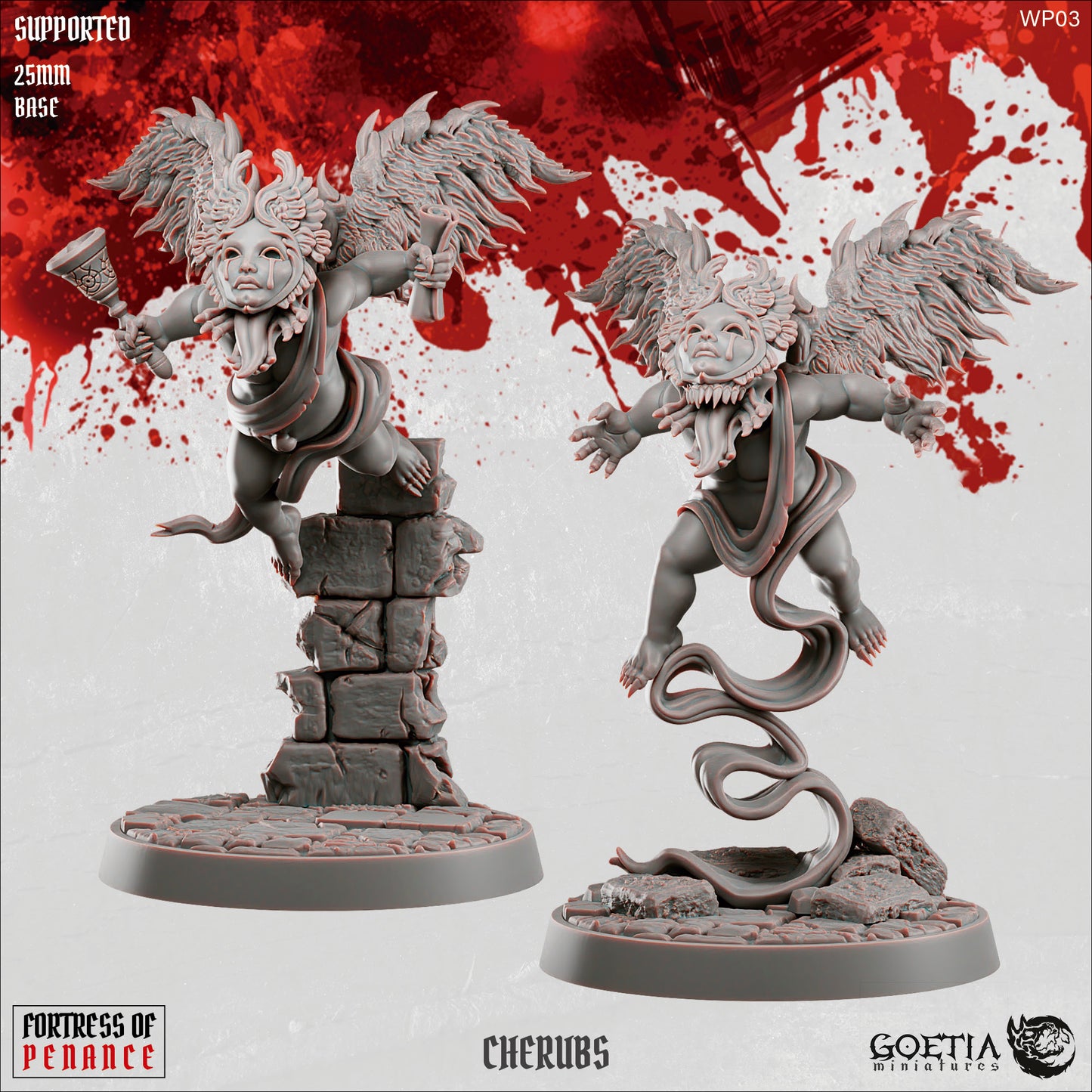 Cherubs fiend deceiver miniatures from Fortress of Penance wearing angelic masks that hide demonic features, winged childlike figures holding ritual bells in two hovering poses, grimdark Dungeons and Dragons tabletop miniatures