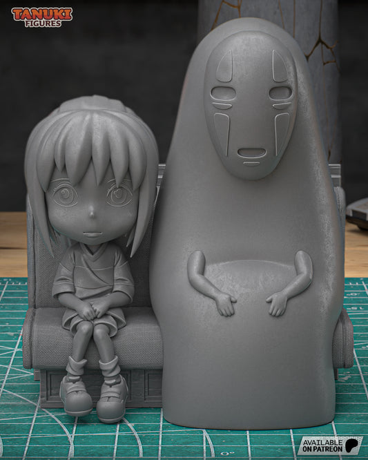 A grayscale unpainted 3D-printed version of Chihiro and No-Face, capturing the serene train scene.
