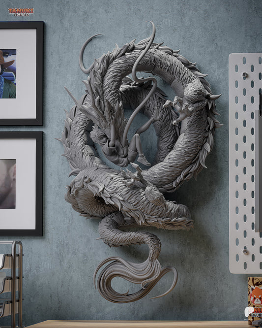 Anime collectible statue of Chihiro hugging Haku in dragon form, Spirited Away 1:6 scale figure with water dragon and torii gate display base