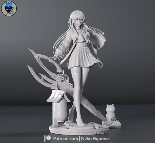 Chisa Wuthering Waves unpainted grey resin figure front view showing outfit folds and weapon details