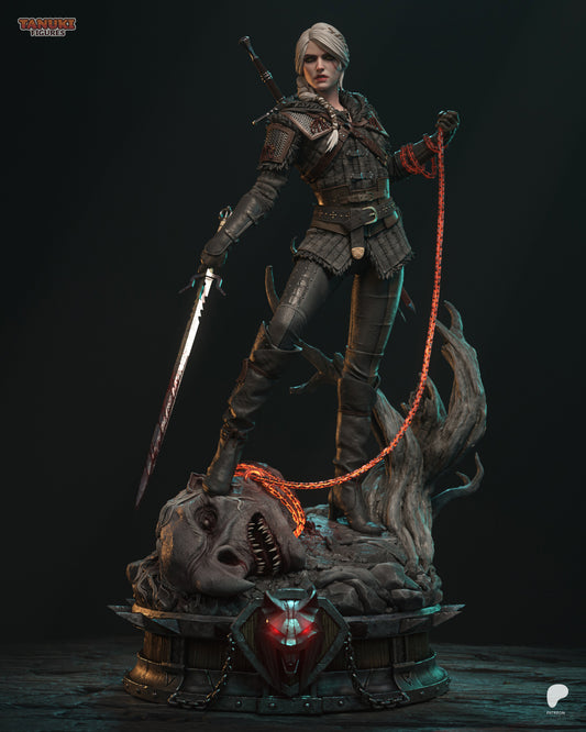 Painted full figure of Ciri standing over a slain beast, sword in one hand, glowing red chain in the other, wearing Wolf School gear.